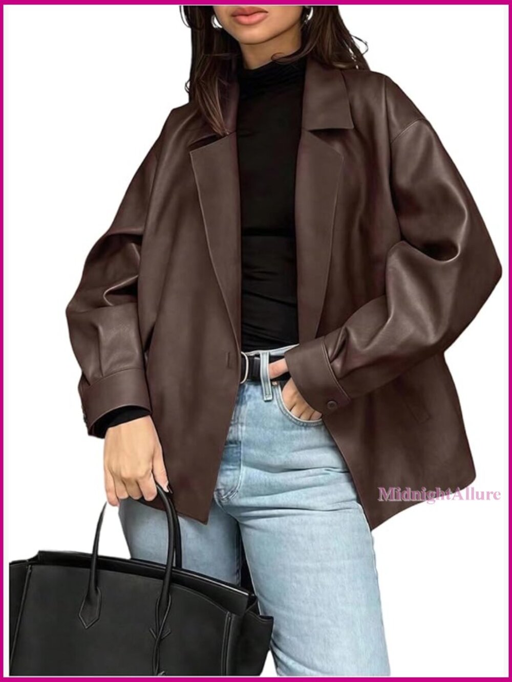 Faux Leather Blazer Open Front Oversized Business Work Jacket Lapel Collar